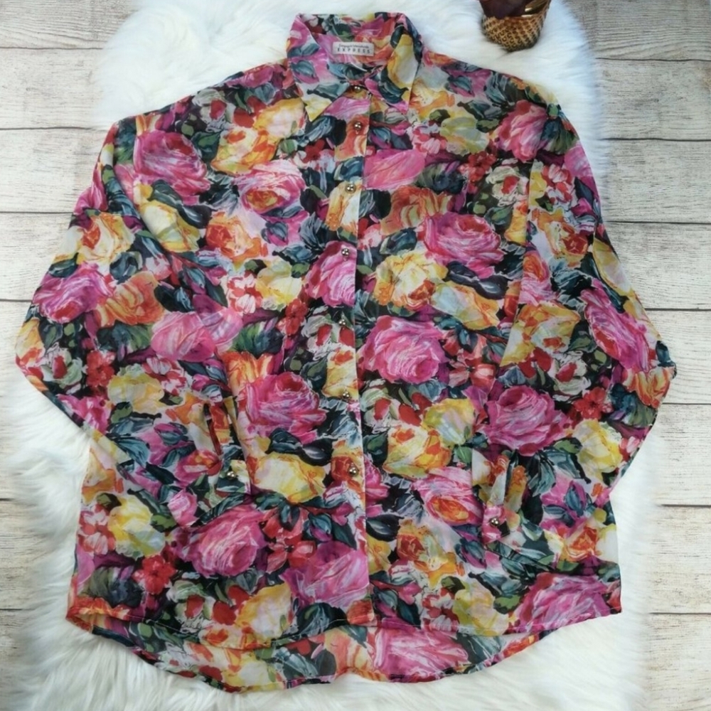 Compagnie Internationale Express Victorian Floral Long Sleeve Blouse Size M